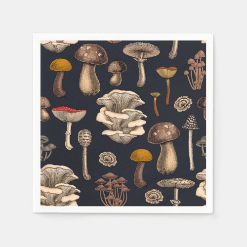 Wild Mushrooms  on graphite black Napkins