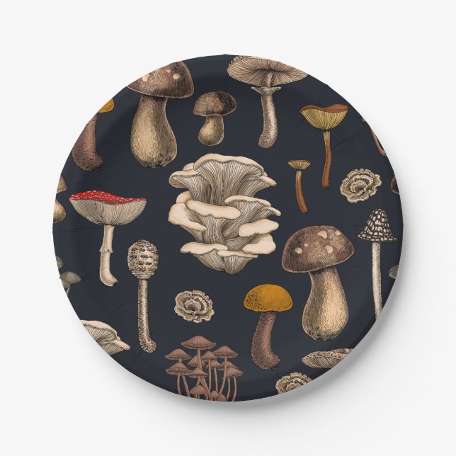 Wild Mushrooms  on graphite black Paper Plates (Front)