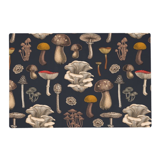 Wild Mushrooms  on graphite black Placemat (Front)