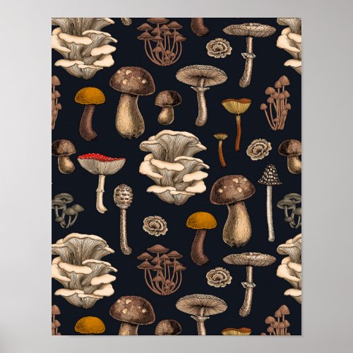 Wild Mushrooms  on graphite black Poster