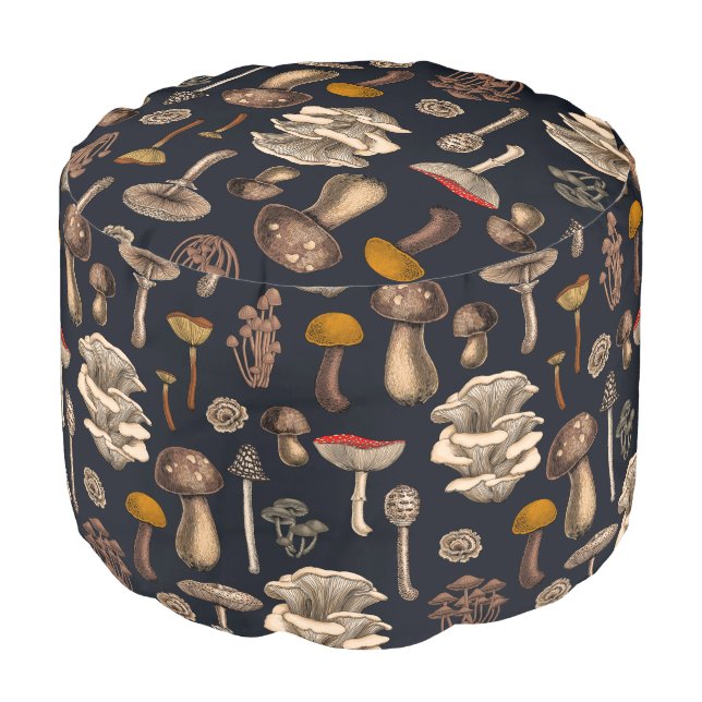 Wild Mushrooms  on graphite black Pouf (Angled Front)