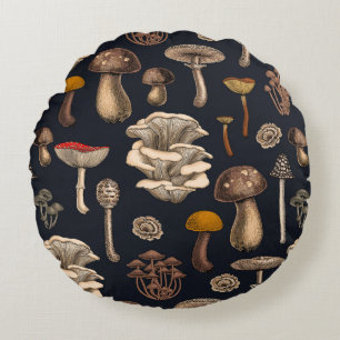 Wild Mushrooms on graphite black Round Pillow