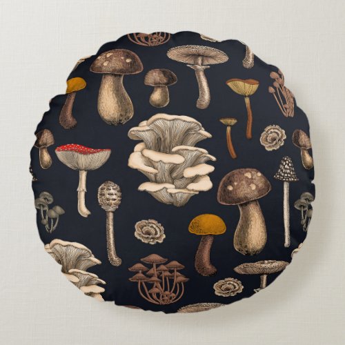 Wild Mushrooms  on graphite black Round Pillow