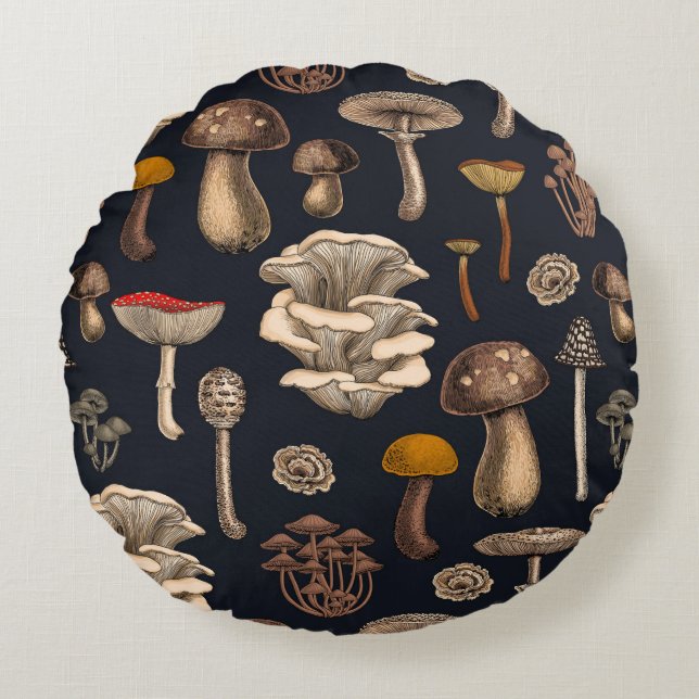 Wild Mushrooms  on graphite black Round Pillow (Front)