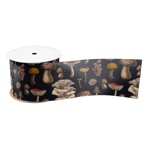 Wild Mushrooms  on graphite black Satin Ribbon