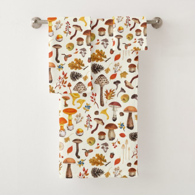 Wild mushrooms on off white bath towel set (Insitu)