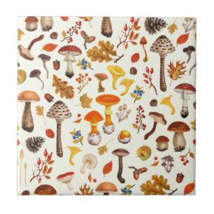 Wild mushrooms on off white ceramic tile