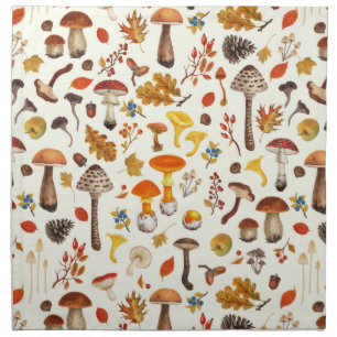 Wild mushrooms on off white cloth napkin