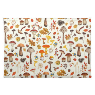 Wild mushrooms on off white cloth placemat
