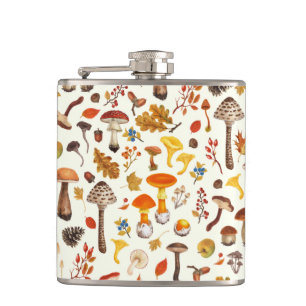 Wild mushrooms on off white flask
