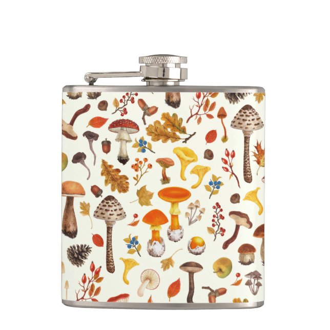 Wild mushrooms on off white flask (Front)