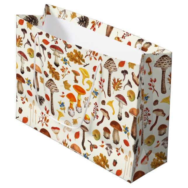 Wild mushrooms on off white large gift bag (Front Angled)