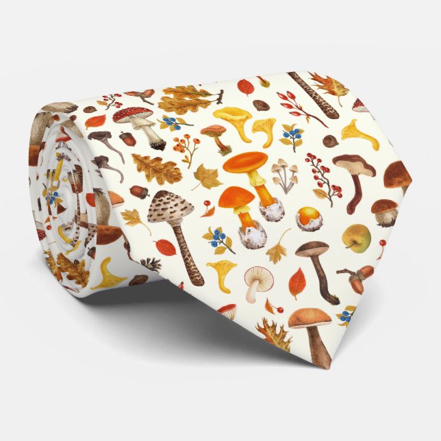 Wild mushrooms on off white neck tie (Rolled)