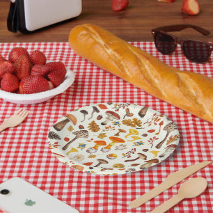 Wild mushrooms on off white paper plates