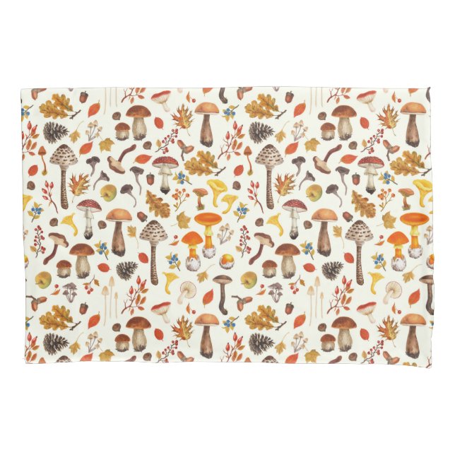 Wild mushrooms on off white pillow case (Front-Left)