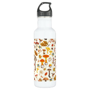 Wild mushrooms on off white stainless steel water bottle