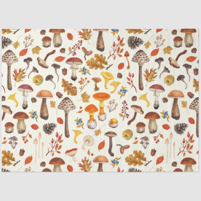 Wild mushrooms on off white tissue paper (Front)