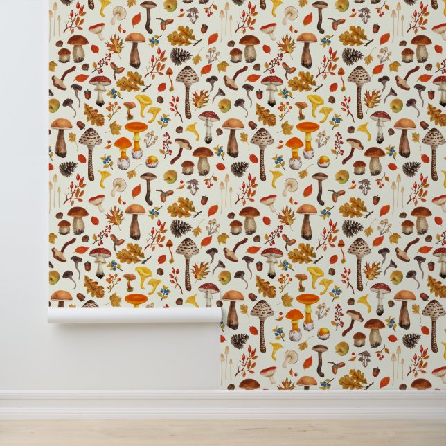 Wild mushrooms on off white wallpaper  (Application)