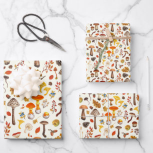 Wild mushrooms on off white wrapping paper sheets