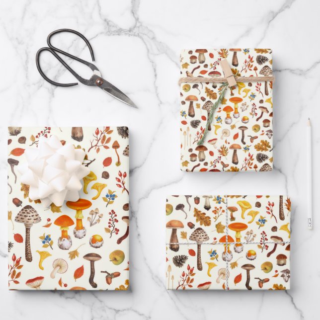 Wild mushrooms on off white wrapping paper sheets (Front)