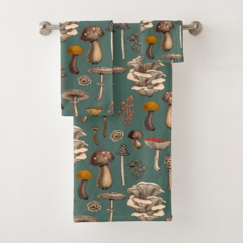 Wild Mushrooms  on pine green Bath Towel Set