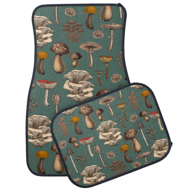 Wild Mushrooms  on pine green Car Floor Mat (Set)