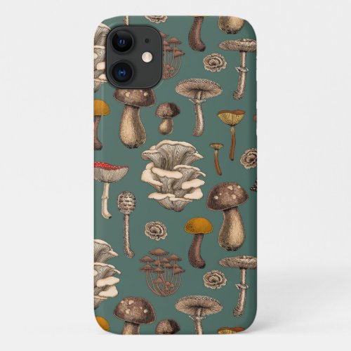 Wild Mushrooms  on pine green iPhone 11 Case