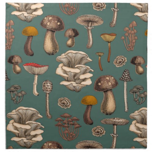 Wild Mushrooms  on pine green Cloth Napkin