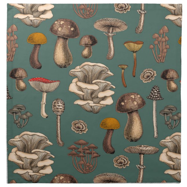 Wild Mushrooms  on pine green Cloth Napkin (Front)