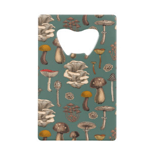 Wild Mushrooms on pine green Credit Card Bottle Opener