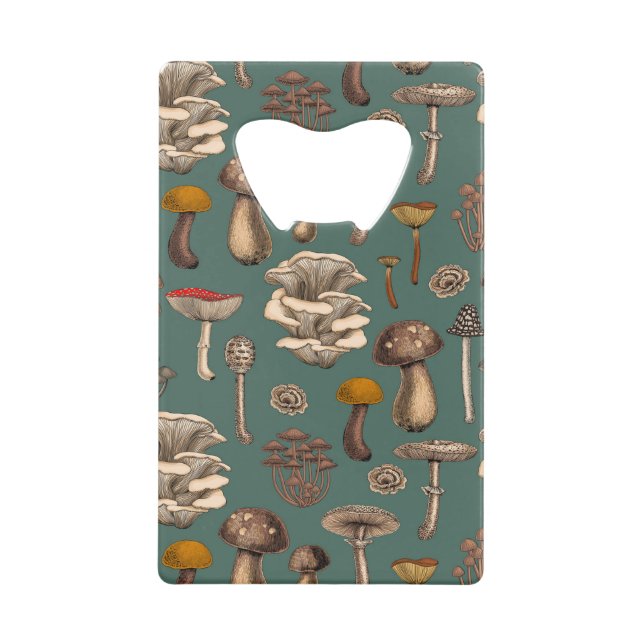 Wild Mushrooms  on pine green Credit Card Bottle Opener (Front)