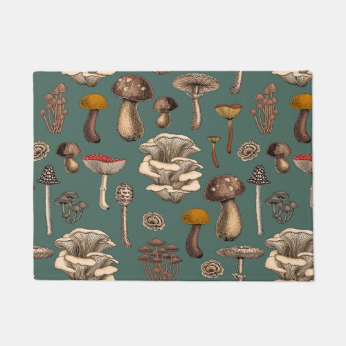 Wild Mushrooms  on pine green Doormat