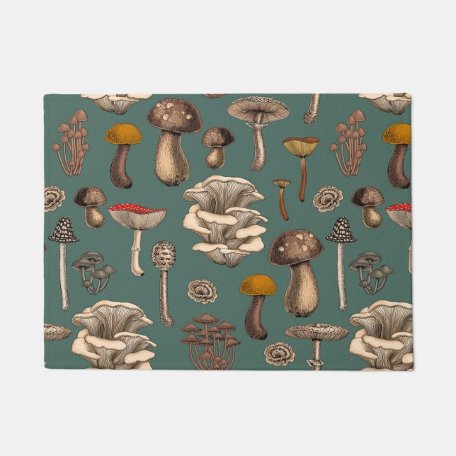 Wild Mushrooms  on pine green Doormat (Front)
