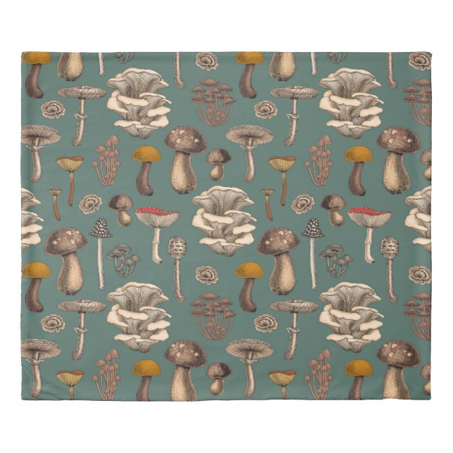 Wild Mushrooms  on pine green Duvet Cover (Front)