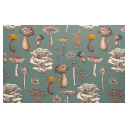 Wild Mushrooms  on pine green Fabric