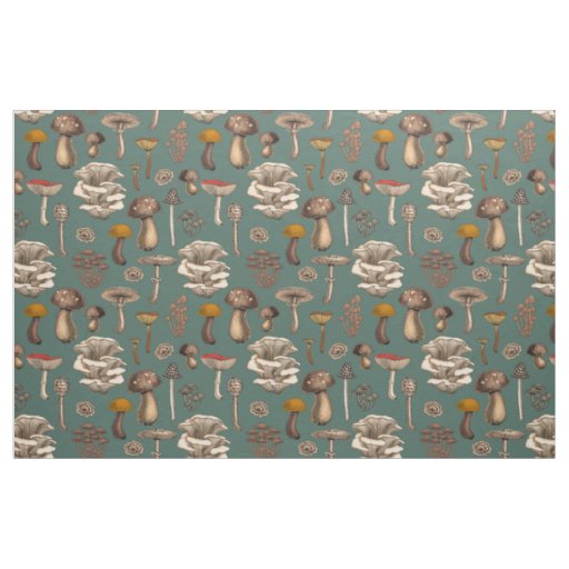 Wild Mushrooms  on pine green Fabric