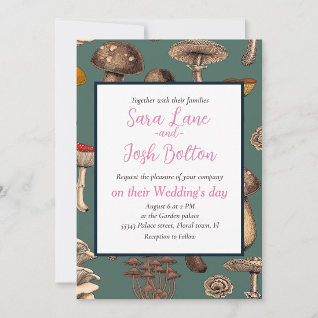 Wild Mushrooms  on pine green Invitation (Front)