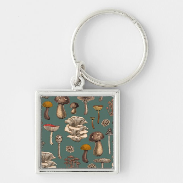 Wild Mushrooms  on pine green Keychain (Front)