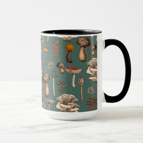 Wild Mushrooms  on pine green Mug