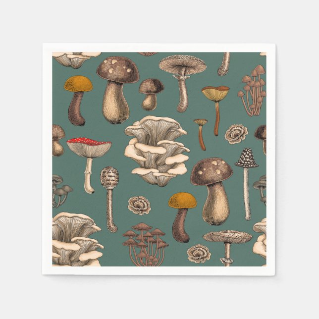 Wild Mushrooms  on pine green Napkins (Front)