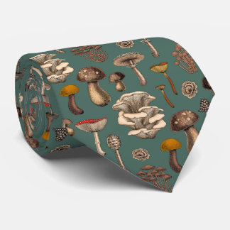 Wild Mushrooms on pine green Neck Tie