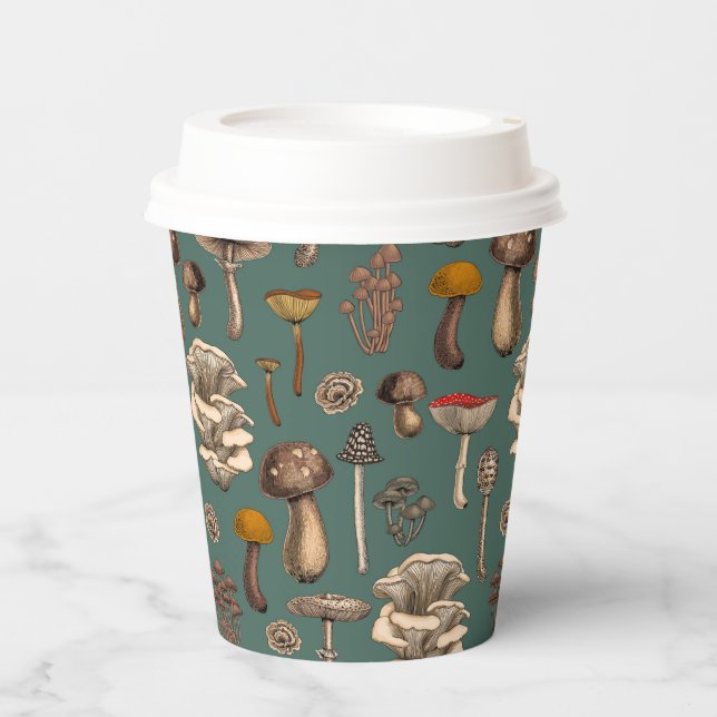 Wild Mushrooms  on pine green Paper Cups (Front)