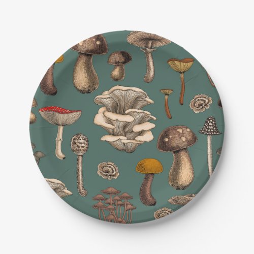 Wild Mushrooms  on pine green Paper Plates