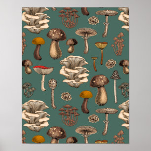 Wild Mushrooms on pine green Poster