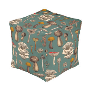 Wild Mushrooms on pine green Pouf