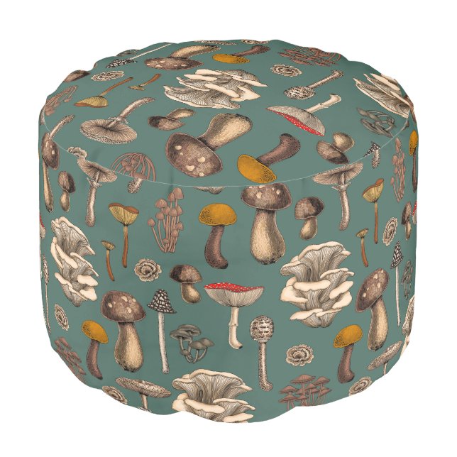 Wild Mushrooms  on pine green Pouf (Angled Front)