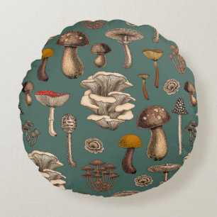 Wild Mushrooms  on pine green Round Pillow