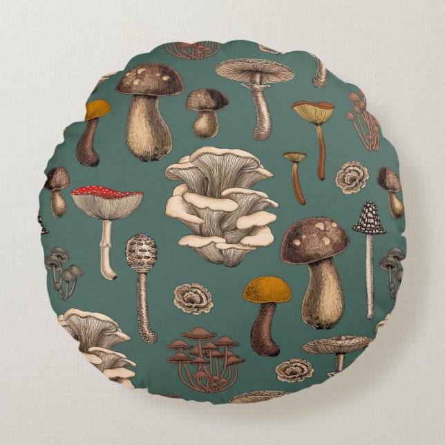 Wild Mushrooms  on pine green Round Pillow (Front)