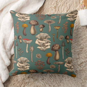 Wild Mushrooms on pine green Throw Pillow