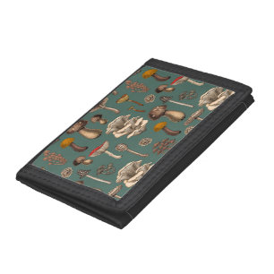 Wild Mushrooms on pine green Trifold Wallet